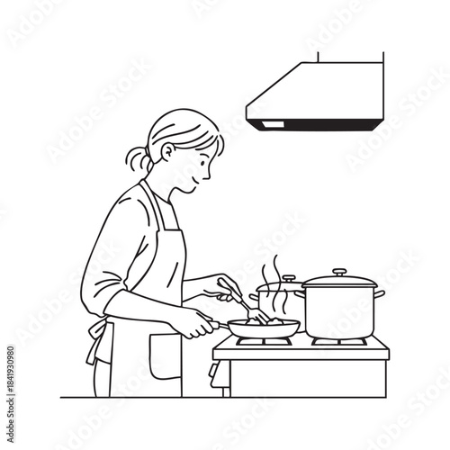 Woman in apron cooking food in a pan on a stove with pots kitchen