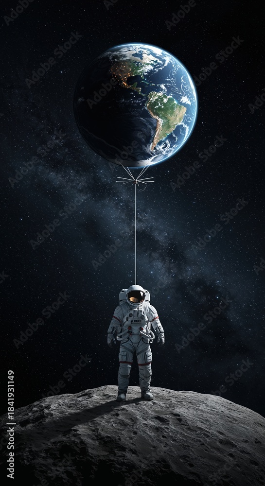 Fototapeta premium An astronaut stands on a desolate moon surface, tethered by a string to the Earth floating like a balloon in the vast, star-filled cosmos.