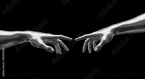 Metallic silver hands reach out towards each other against a dark, star-filled cosmic background, symbolizing connection, creation, and the divine spark.