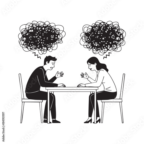 Two people sitting at a table with tangled thought bubbles above their heads argument