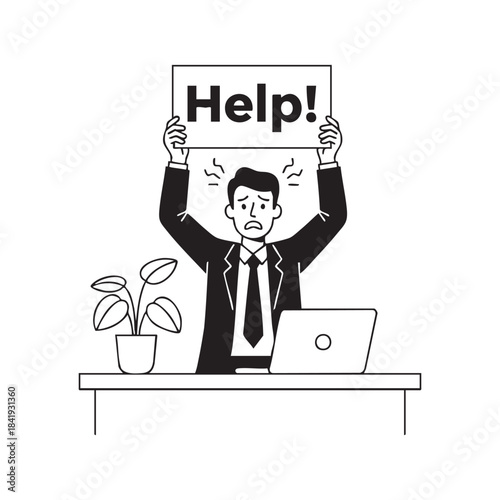 Stressed businessman holding help sign at desk with laptop and plant overwhelmed