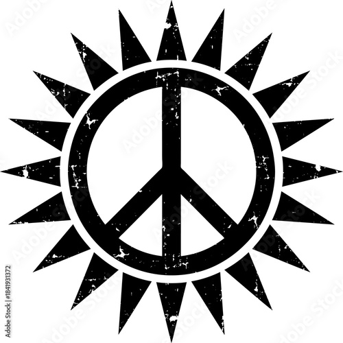 Peace sign symbol within a sun with grunge effect