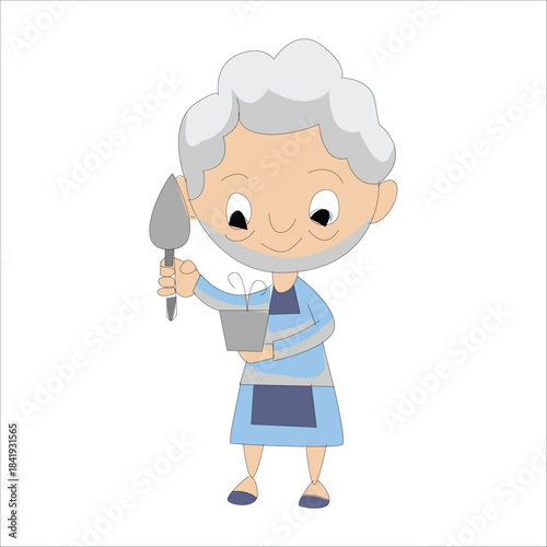 Cute elderly woman holding a gardening trowel and a small bucket, happy grandma gardening concept