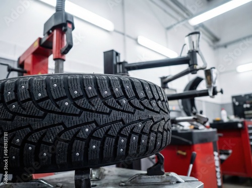 Studded winter tire on a tire changing machine at an auto repair shop.