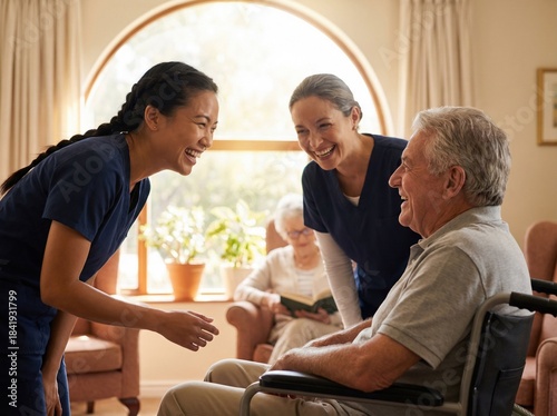 Two friendly nurses sharing a laugh with a senior man in a retirement home.