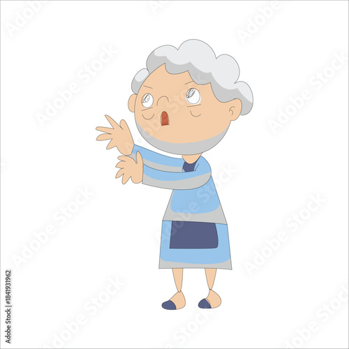 Scared or surprised elderly woman raising hands in panic or shock