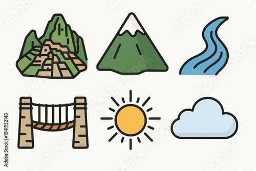 Cartoon icons of Peruvian geography and environment including mountains, river, sun, and cloud