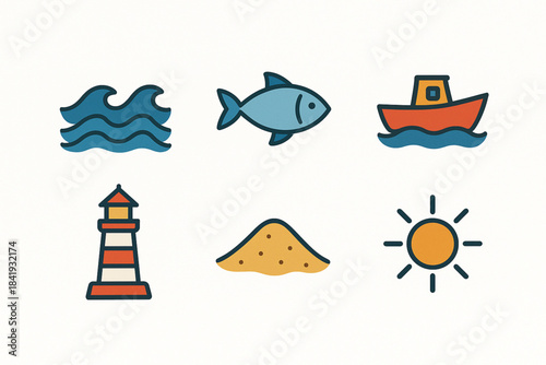 Cartoon icons of Peruvian coastal geography with ocean waves, fish, boat, lighthouse, sand dune, and sun