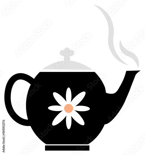 Black teapot with white flower motif and steam