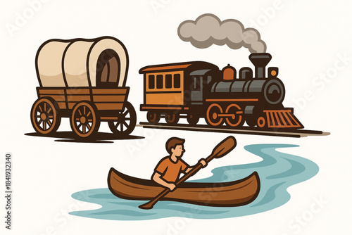 Cartoon illustration of historical transportation with wagon, steam locomotive, and canoe