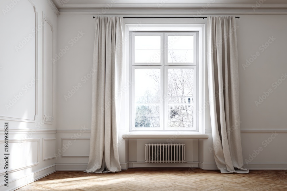 Fototapeta premium Elegant room with a large window, light curtains, and ornate wall paneling.
