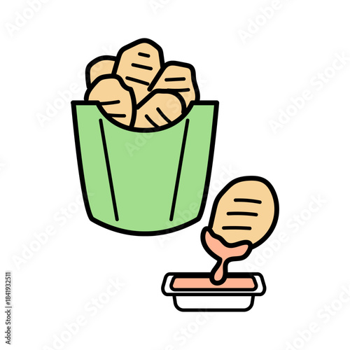 チキンナゲットをディップソースに付ける瞬間をやさしい雰囲気で描いたフードイラスト｜軽食として人気のナゲットとソースをシンプルで親しみやすい色使いで表現した食品イラスト