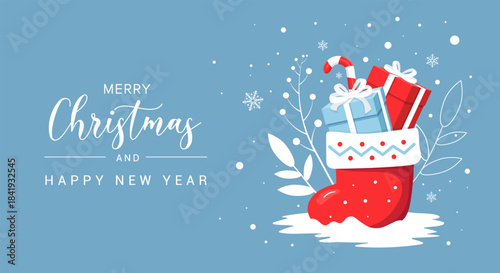 Christmas stocking with gifts on a blue background. Festive Holiday greeting banner, card with gifts, Candy Cane and snowflakes. Vector illustration.