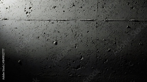 Close-up texture of dark cracked concrete wall surface, abstract industrial background in low light environment, detailed grayscale view with rough finish