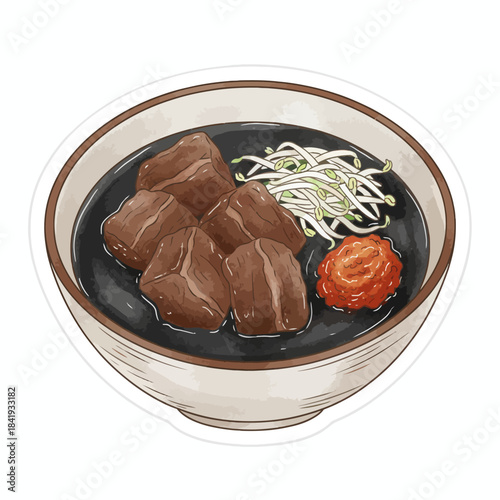 vector paint A bowl of dark soup with braised meat chunks bean sprouts and chili paste or called 'rawon'