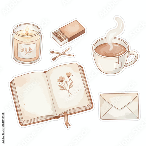 A collection of six watercolorstyle stickers featuring a candle matches teacup journal and envelope