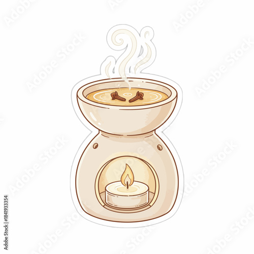 A creamcolored ceramic essential oil warmer with a lit tea light and fragrant liquid above