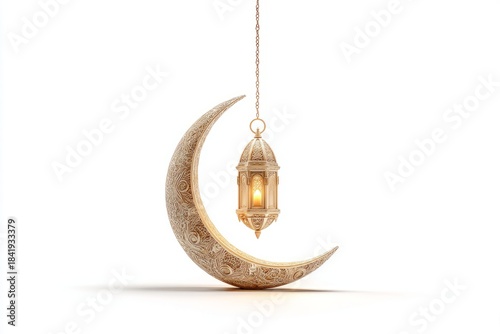 Elegant crescent moon with ornate lantern, glowing light on a white background