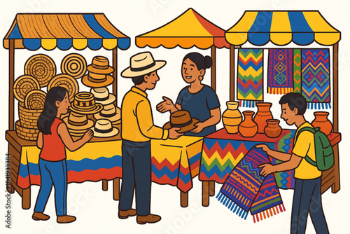 Colorful cartoon illustration of Colombian outdoor market with vendors selling handmade baskets, ceramics, and textiles