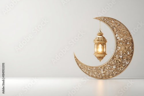 Decorative Crescent Moon Lantern with Intricate Pattern Against Minimal Background