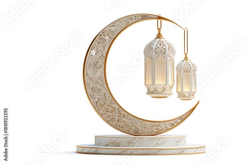 Elegant Crescent Moon with Ornate Lanterns on a Marble Base for Decor