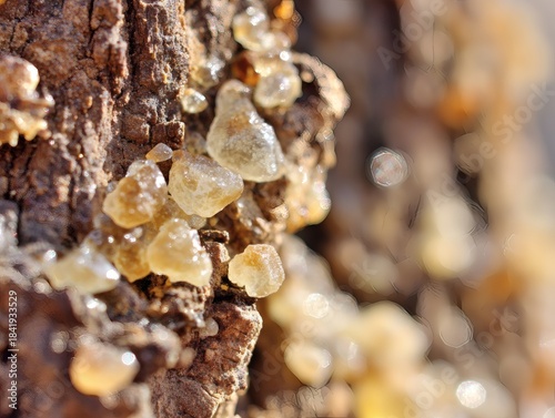 secretion. Close-up of frankincense tree bark with teardrop-shaped resin droplets glinting. gardening catalogs, home-decor guides, designed for gardening and botanical catalogs, used by clinicians.