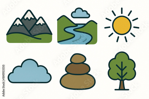 Peruvian Nature Icons – Mountains, River, Sun, Cloud, Rocks, Tree Stylized Set