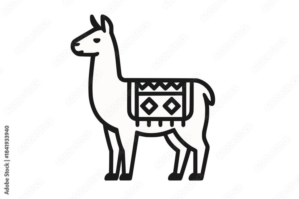 Naklejka premium Black and white line drawing of a Peruvian llama with geometric blanket