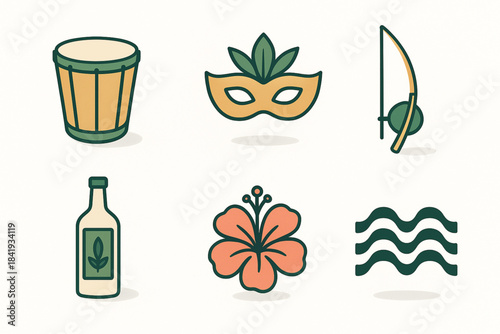 Stylized cartoon icons of Brazilian culture with samba drum, carnival mask, berimbau, cachaça, flower, and wave