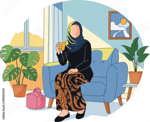 Relaxation in a serene home: A woman in traditional attire enjoys a peaceful moment, seated on a comfortable sofa, sipping a warm beverage, surrounded by the soft glow of natural light.