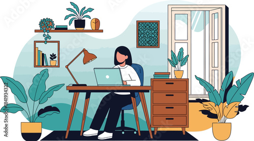 Digital Workspace: A modern woman in casual attire is absorbed in her work at a stylish wooden desk, surrounded by a calm office environment that brings together work and natural.