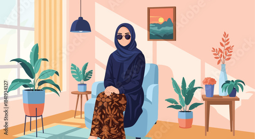 Serene Moments of Muslim woman: A modest woman in traditional attire, enveloped in soft hues and natural light, embodies peace and introspection, surrounded by lush potted plants. 