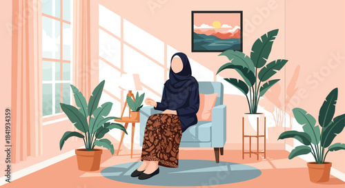  Tranquility within Home: A woman finds repose within a sunlit, peaceful domestic scene. The image showcases serenity with potted plants and an artwork, illustrating a haven of calm and contemplation.