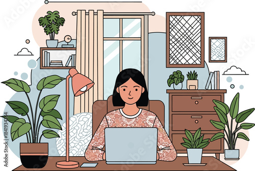 Home Office Haven: An illustration captures a woman engrossed in her work at her desk, surrounded by the comfort of her home office, filled with natural light, greenery and cozy details.