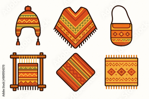 Cartoon icons of Peruvian Andean textiles with hat, poncho, bag, loom, cloth, and mat