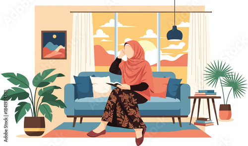 Serene Interior Reflection: A woman in a vibrant hijab rests comfortably within a warmly-lit living room, holding a book and gazing contemplatively.