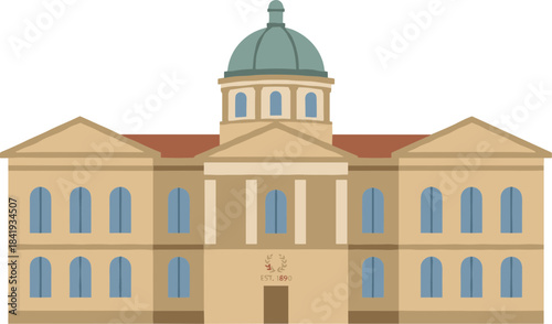 Flat vector illustration of a grand institutional building with a central dome.
