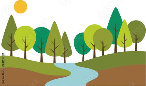 Stylized vector illustration of a forest landscape with a river.