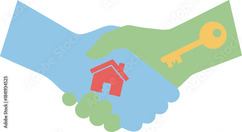 Handshake with house and key icons symbolizing a real estate deal.
