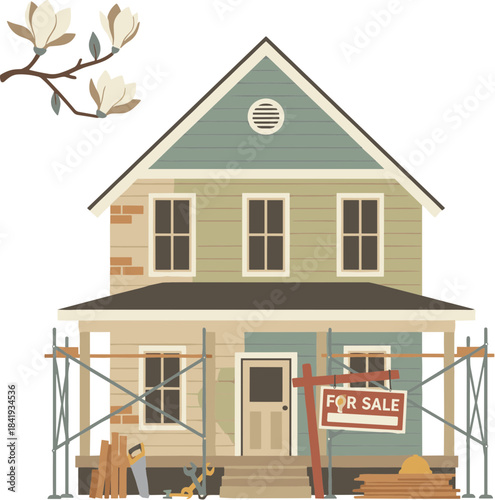 Fixer upper house under construction with a for sale sign in the yard.