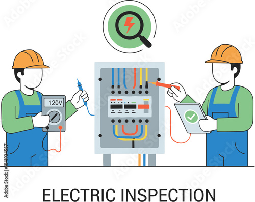 Two electricians in uniform conducting a professional electrical inspection on a circuit breaker panel.