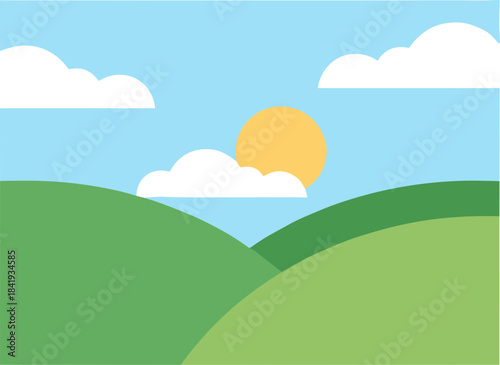 Simple flat vector illustration of a sunny day over rolling green hills.