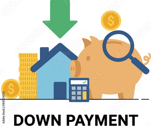 House down payment concept with coins piggy bank and calculator.