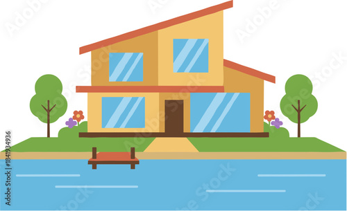 Modern two-story family house with a slanted roof vector illustration.