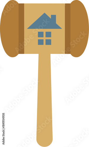 Wooden gavel with a house icon for real estate auctions.