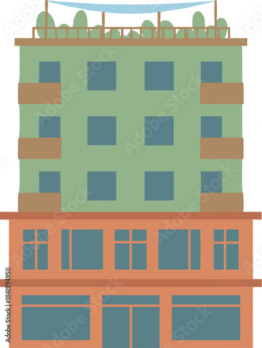 Flat vector illustration of a colorful urban apartment building with shops.