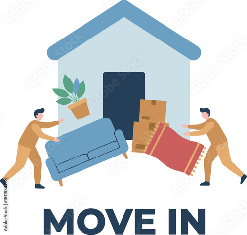 Two professional movers carrying furniture into a new house illustration.
