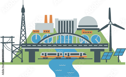 Integrated Urban Infrastructure with Power Plants Train and Green Energy.