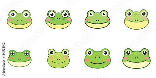 Multiple vector illustrations of cute frog faces