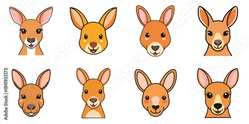 Multiple vector illustrations of cute Kangaroo faces
